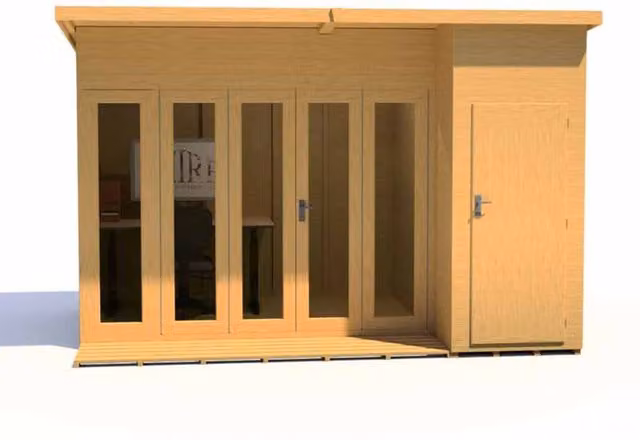 Shires Aster Brown Wooden Summerhouse with Bi-Fold Doors, Single Door and 2 Windows, W/D/H: 365.76 x 243.84 x 27.87 cm