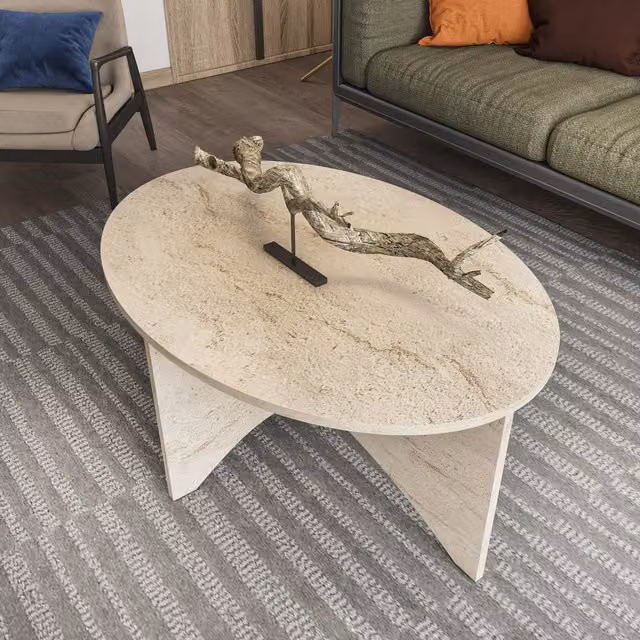 Decorotika Solo Oval Coffee Table in Beige Travertine Stone