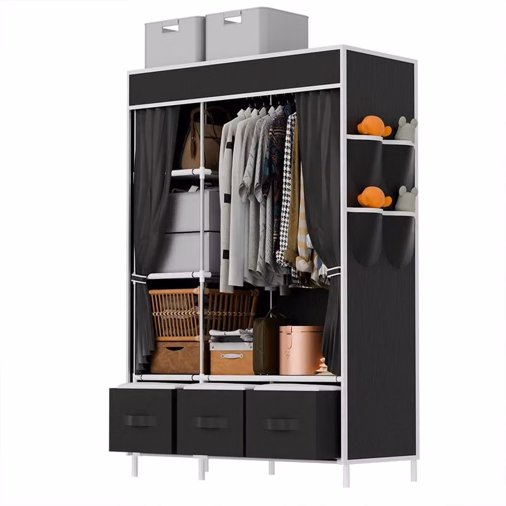 Ventryn Black 4 Tier Fabric Wardrobe Storage Rack with Steel Tubes and Nonwoven Shelves – 4