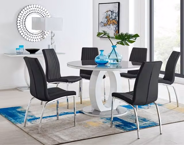 FurnitureboxUK Giovani Round Grey Glass Dining Table with 4 Black Isco Chairs Set, Diameter: 120 cm