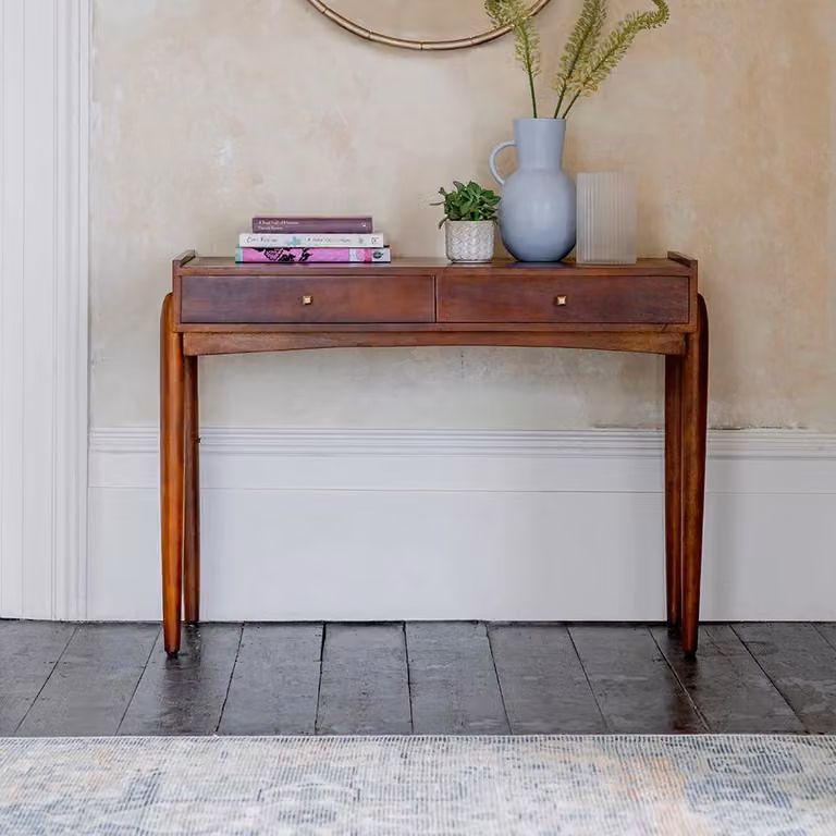 Atkin & Thyme Quinn Mid-Century Mango Wood Console Table in Brown and Gold