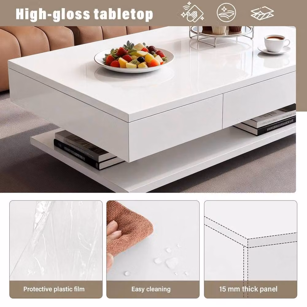 EONLION Modern Glossy White Rectangular Coffee Table with Drawer, Width: 100 cm – 5