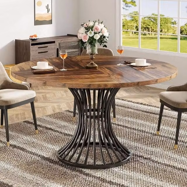 EONLION Round Industrial Dining Table in Brown, Diameter: 100 cm, Height: 75 cm – 1