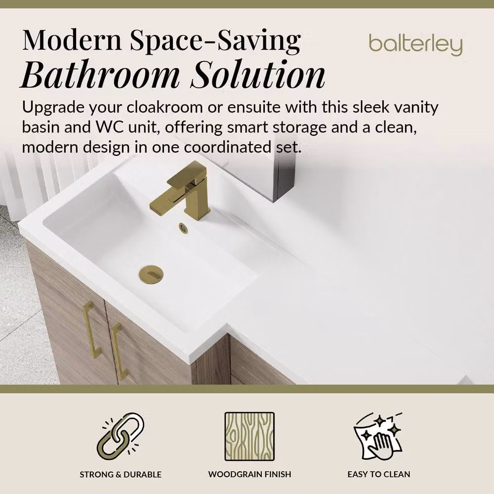 Balterley Modern Brown Wood Left-Hand Vanity and WC Unit Combination with Brushed Brass Details, W: 110 cm, H: 84 cm – 2