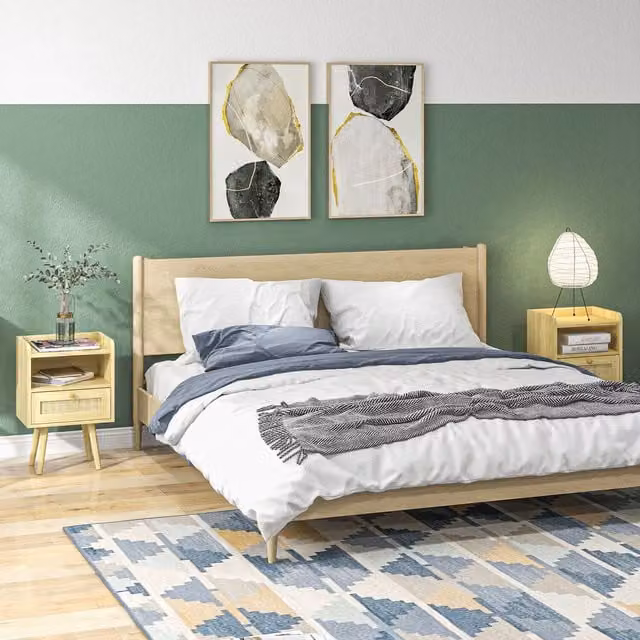 HOMCOM Set of 2 Boho Bedside Tables with Drawer and Storage Compartment in Beige Rattan and MDF