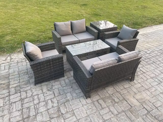 Fimous 6 Seater Dark Grey High Back Rattan Garden Furniture Set with Coffee Table and Love Seat