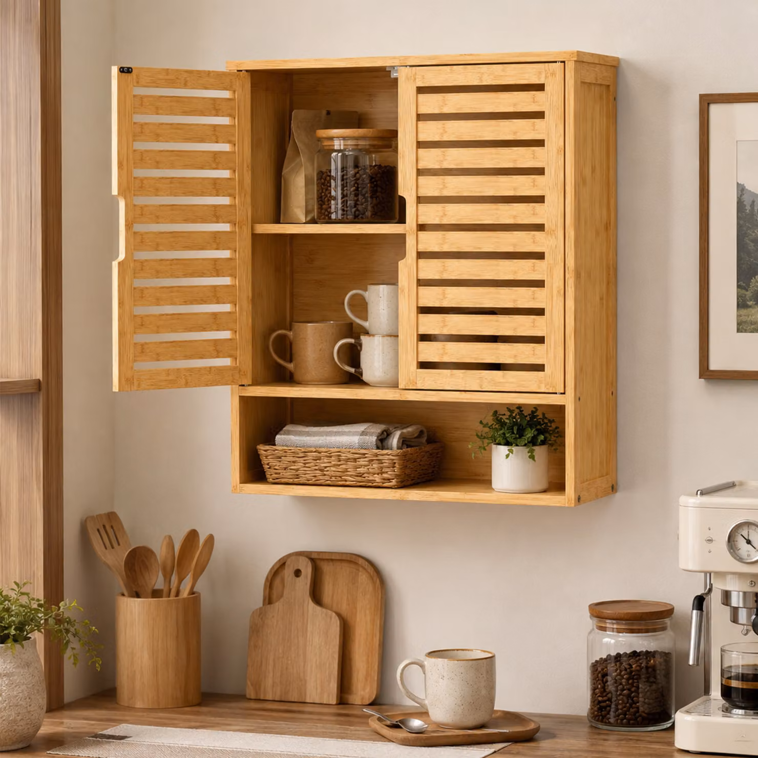 HOMCOM Brown Wall Mounted Bathroom Cabinet with 2 Hinged Doors and Open Shelf, W/D/H: 60.0 x 21.0 x 66.5 cm – 2