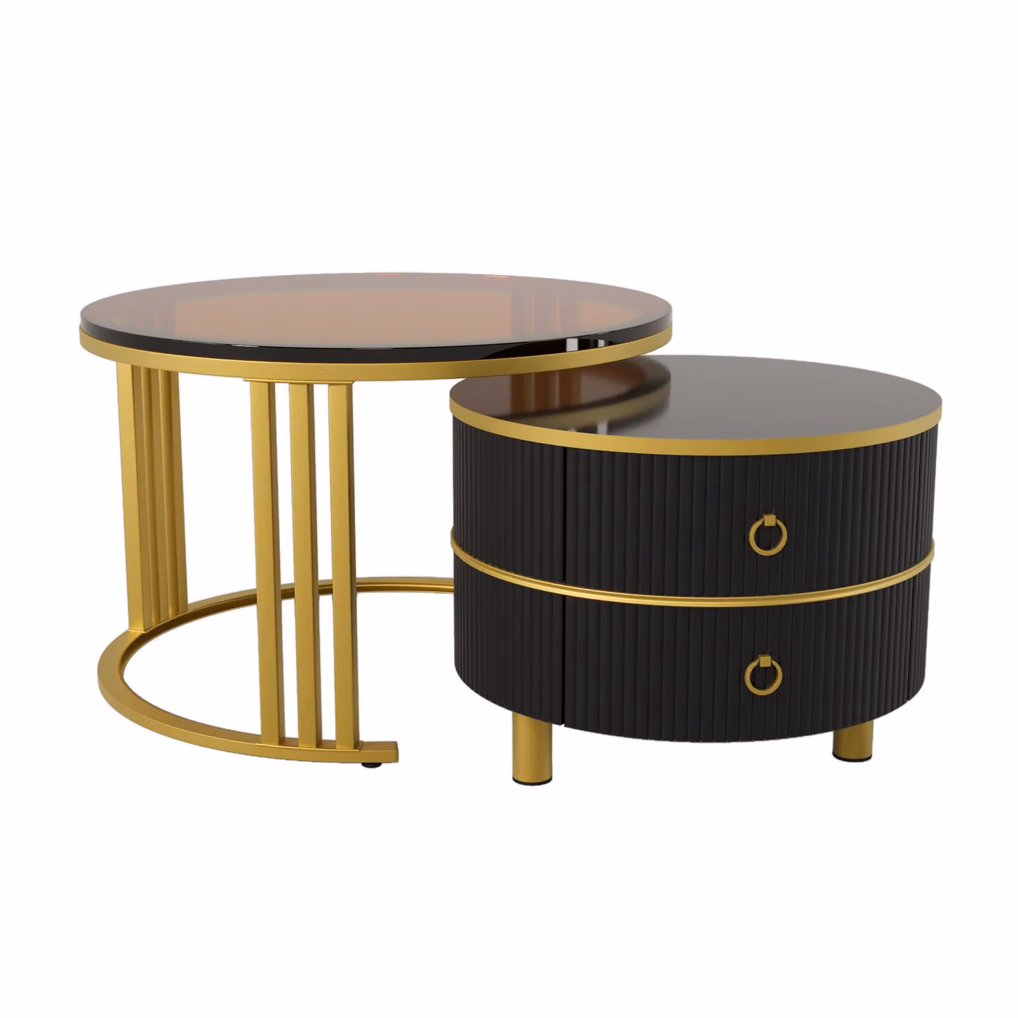 Aosom.UK 2-in-1 Round Coffee Table Set with High-Gloss and Tempered Glass Tops and 2 Drawers, Brown and Black, W/D/H: 70 x 70 x 45 cm and 50 x 50 x 40 cm – 2