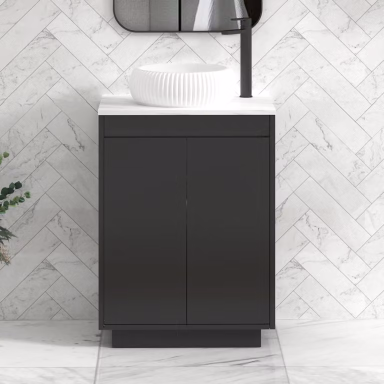 Royal Bathrooms Orion 600mm Matt Obsidian Black Floor Standing 2 Door Vanity Unit with Milan Basin and Black Accent Trim