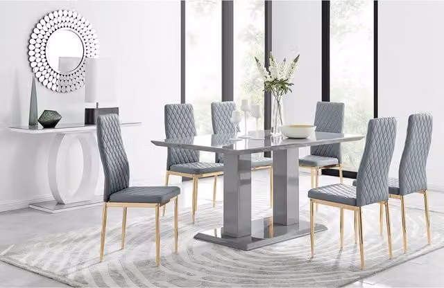 FurnitureboxUK Imperia Grey High Gloss Rectangular Dining Table with 6 Milan Chairs and Gold Legs