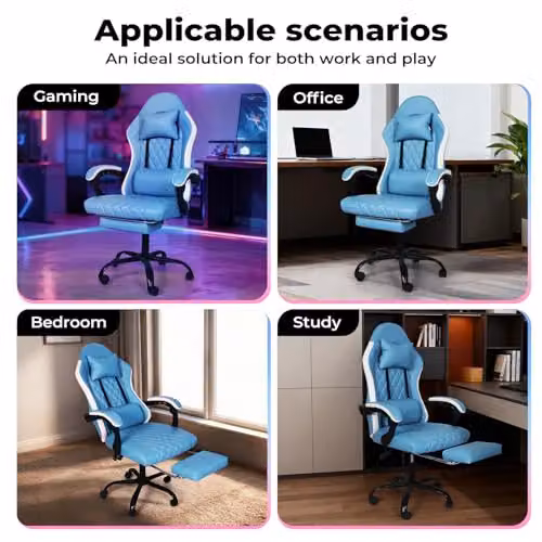 Levede Blue and White Ergonomic Gaming Chair with Headrest, Adjustable Height and Swivel Function – 13