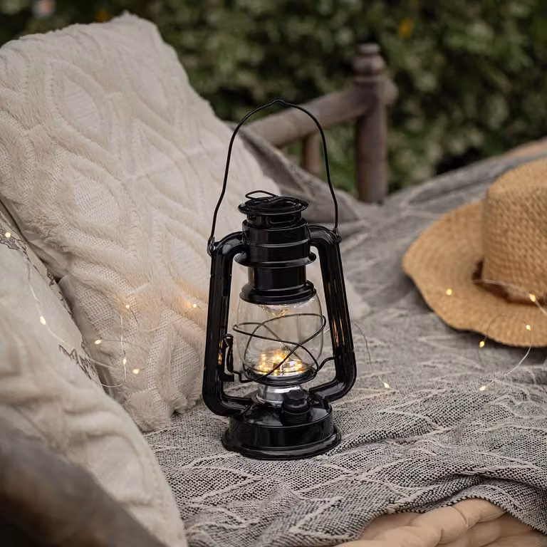 Lights4fun Black Metal Vintage LED Camping Hurricane Lantern, Dimmable, H 24.5 cm x W 15 cm x D 11.5 cm