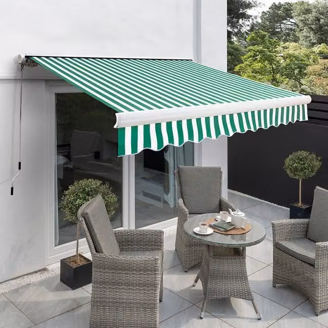 Primrose Full Cassette Electric Patio Awning with 4m Canopy in Green and White Stripe