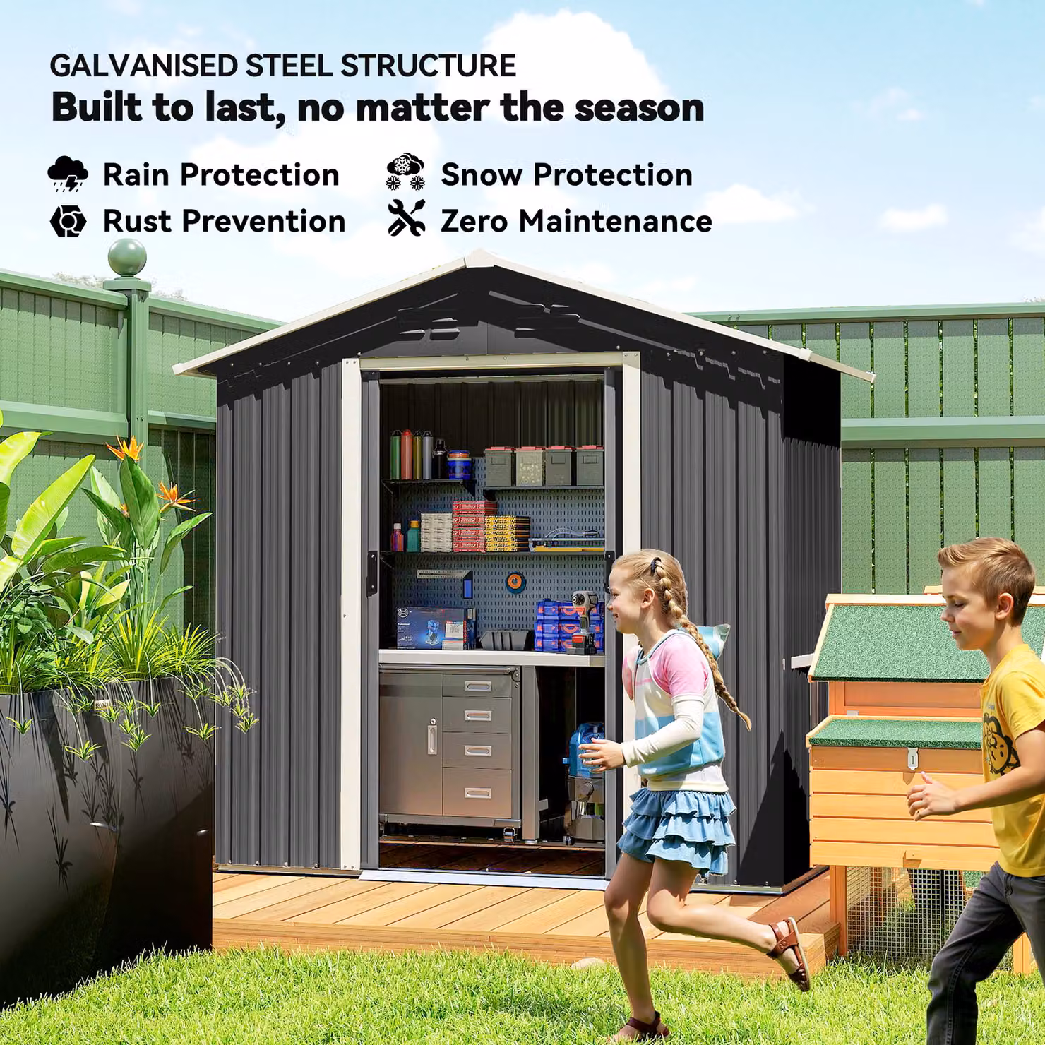 Outsunny Metal Garden Storage Shed in Dark Grey with Sliding Doors and Side Vent – 4