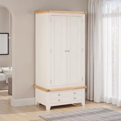 Seconique Windsor 2 Door 1 Drawer Wardrobe in Ivory/Oak, H 190 cm x W 90 cm x D 56 cm