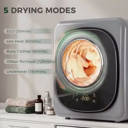 HOMCOM Silver Compact Vented Tumble Dryer with 2.5kg Dry Capacity and 5 Modes – 3