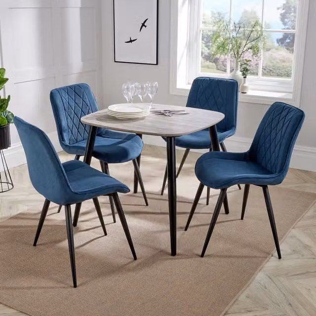 Core Products Ltd Aspen Dining Set with Grey Oak Effect Table and 4 Blue Diamond Stitch Chairs