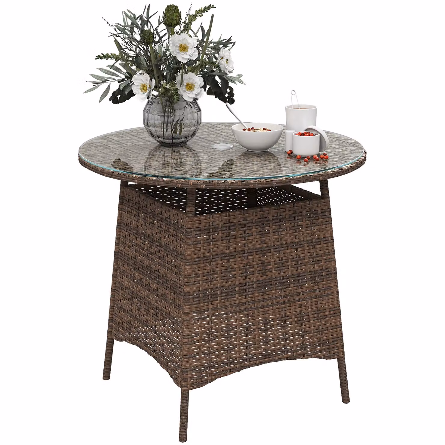 OUTSUNNY Brown Wicker Garden Rattan Table with Tempered Glass Top and Umbrella Hole – 2