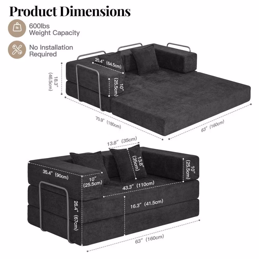 FORGEVIO Black 2 Seater Sectional Sofa Bed with Upholstered Fabric and Foam Filling – 4