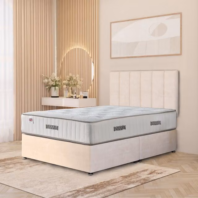 Somnior Beds Ltd Austin Plush Velvet Orthopaedic Divan Bed Set with Hybrid Mattress, Headboard and Drawers, Ivory, W/D/H: 140 x 200 cm