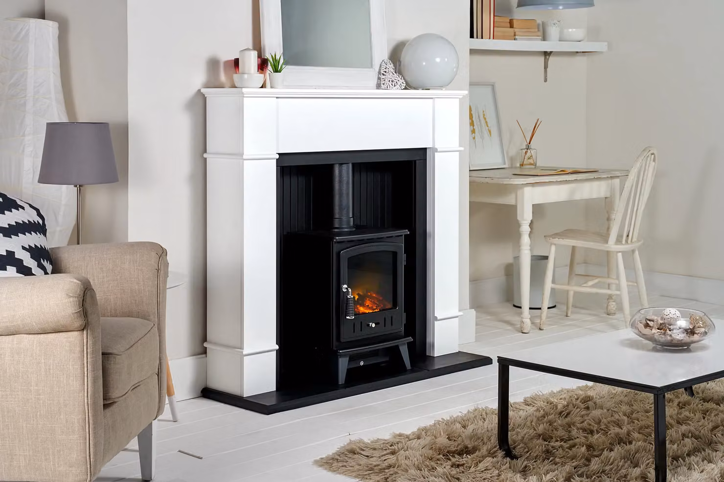 Adam Fires & Fireplaces Oxford Stove Fireplace in Pure White with Aviemore Electric Stove in Black, W: 121.92 cm – 3