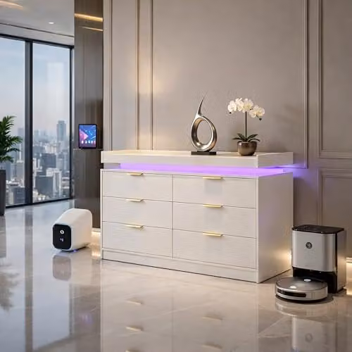 Harmin Modern 6-Drawer White Chest with Integrated LED Lighting and Gold Handles, Width: 116 cm – 1