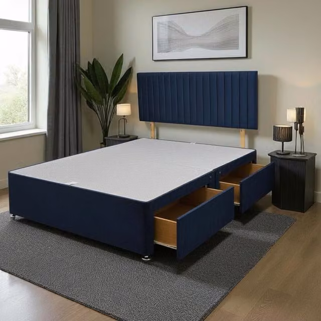 Knight Sleep Emily Divan Bed Base with 2 Drawers and Headboard in Blue Velvet – 1