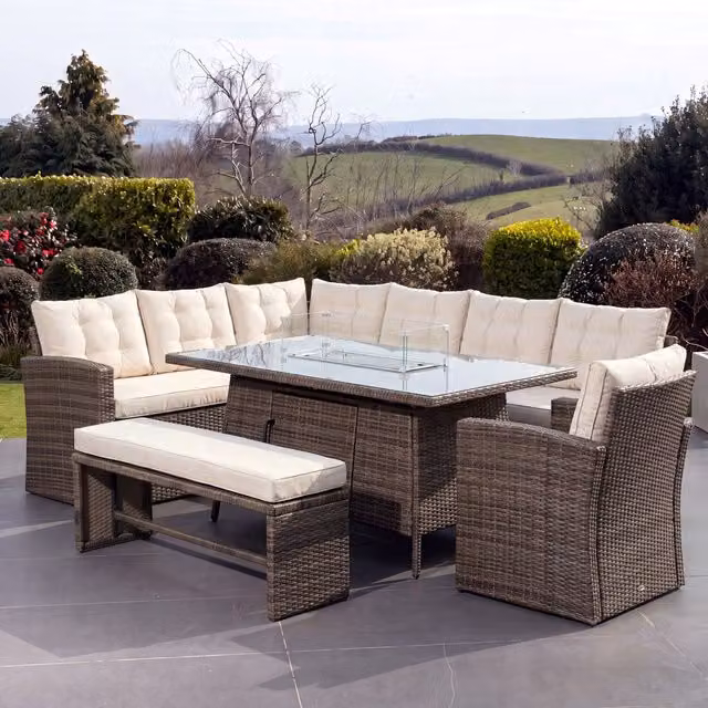 Artemis Home Piana 10 Seat Rattan Corner Sofa Set with Firepit Table, Bench and Chair in Brown and Beige – 1
