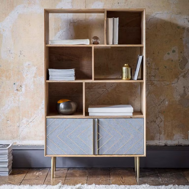 Atkin & Thyme Toshi Geometric Shelving Unit in Brown Mango Wood and Gold Metal