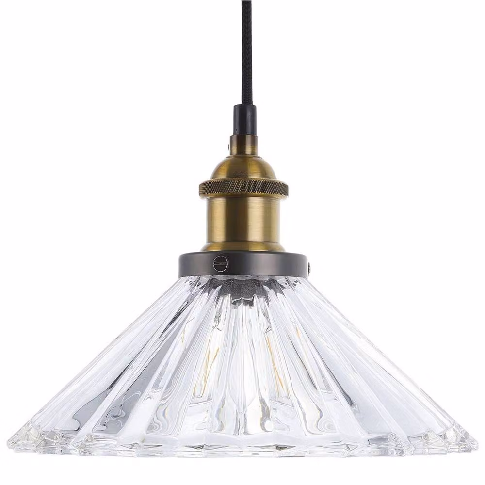 Wyld and Coco Modern Cone Pendant Lamp with Transparent Ribbed Glass Shade and Brass Detailing in Clear and Gold – 2