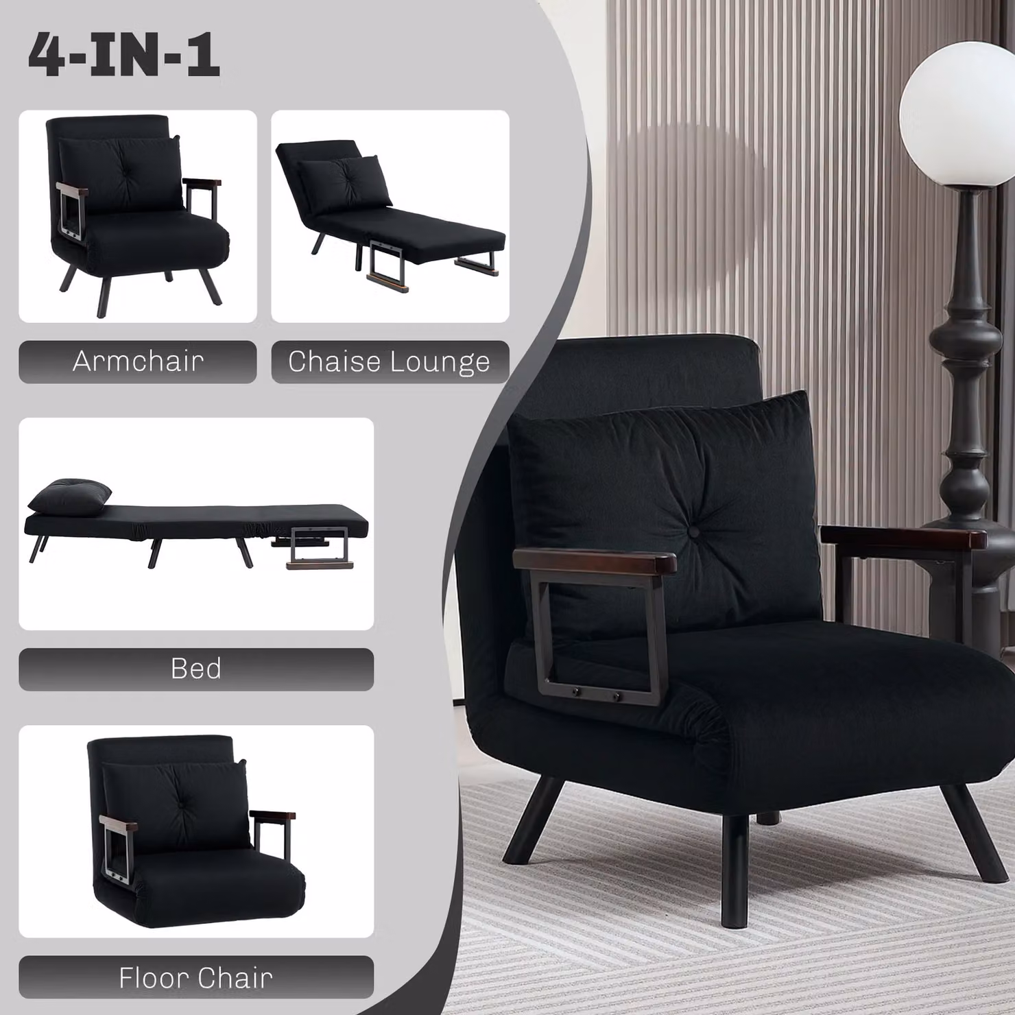 HOMCOM Black Velvet Fabric Click Clack Single Chair Bed Settee with Metal Frame – 4