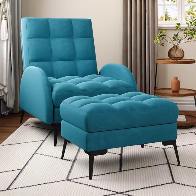 Livingandhome Green Velvet Leisure Recliner Armchair with Matching Ottoman and Metal Legs
