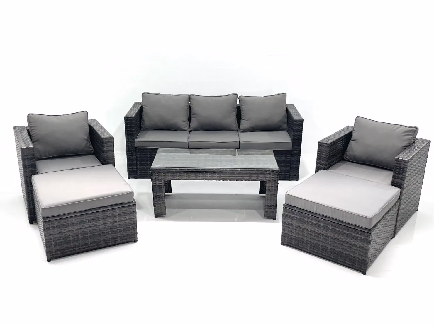 Fimous 7 Seater Rattan Garden Furniture Set in Dark Grey with Sofa, Coffee Table, 2 Armchairs and 2 Footstools – 2