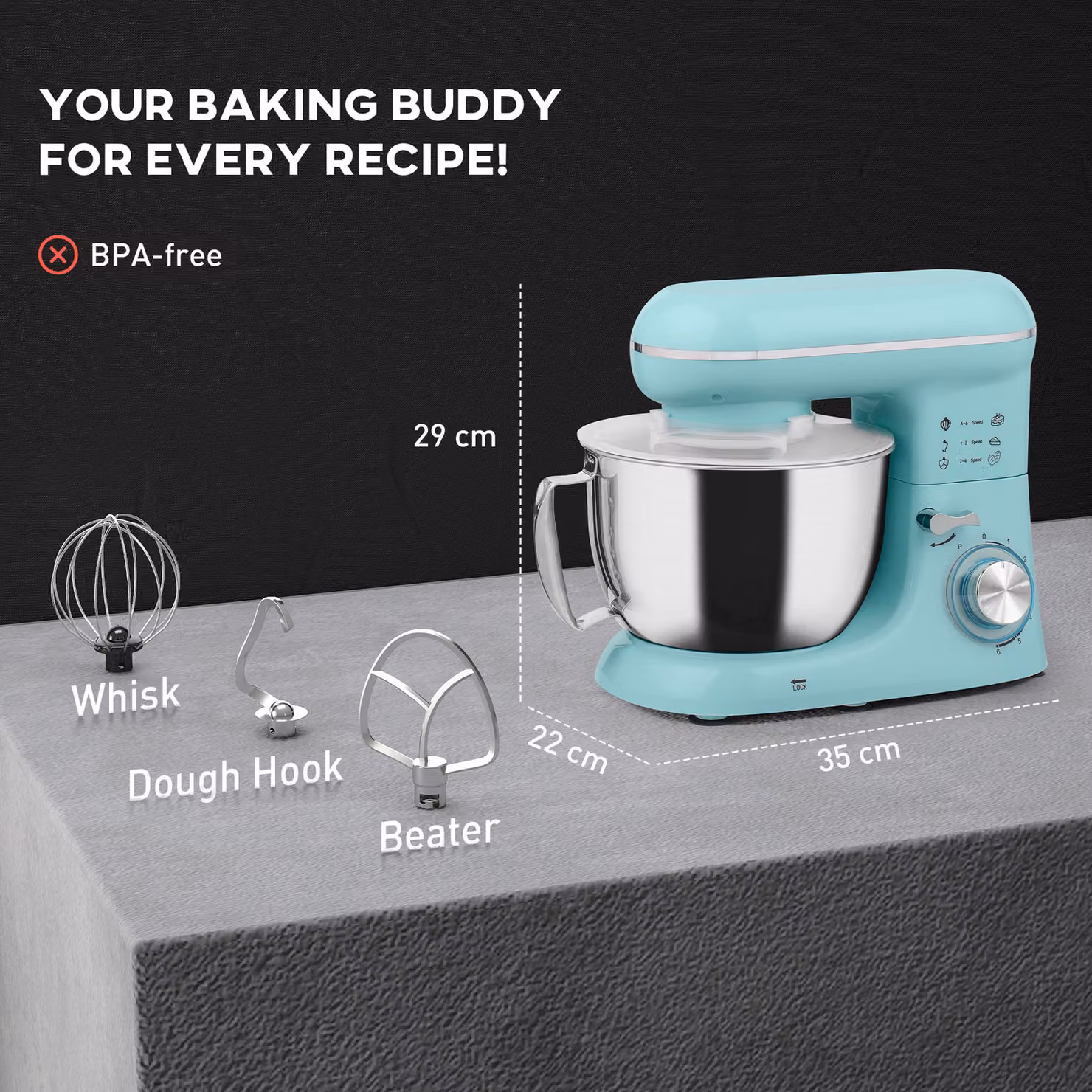 HOMCOM 1300W Kitchen Stand Mixer in Blue with 4.5L Stainless Steel Bowl, Dough Hook, Whisk and Beater – 3