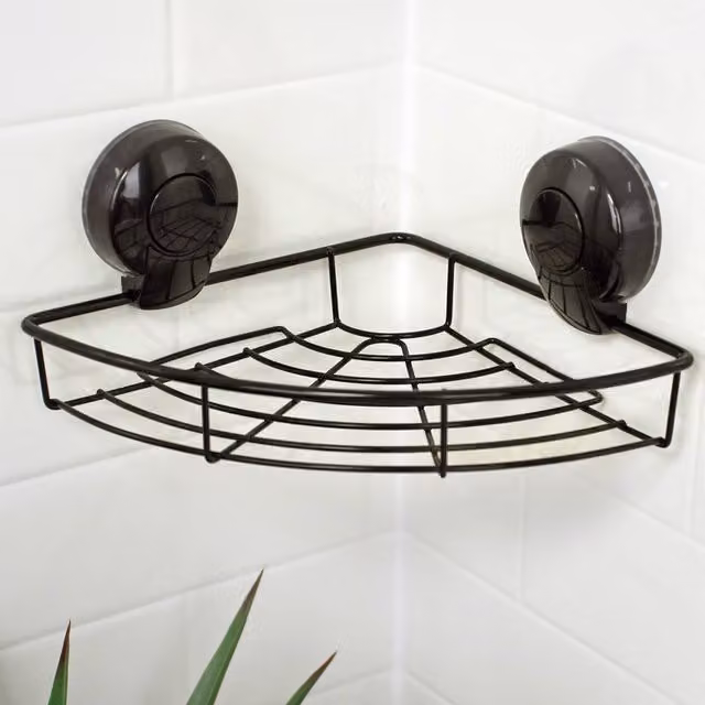 Showerdrape Suctionloc Black Wall Mounted Corner Basket and Mounting Discs – 1