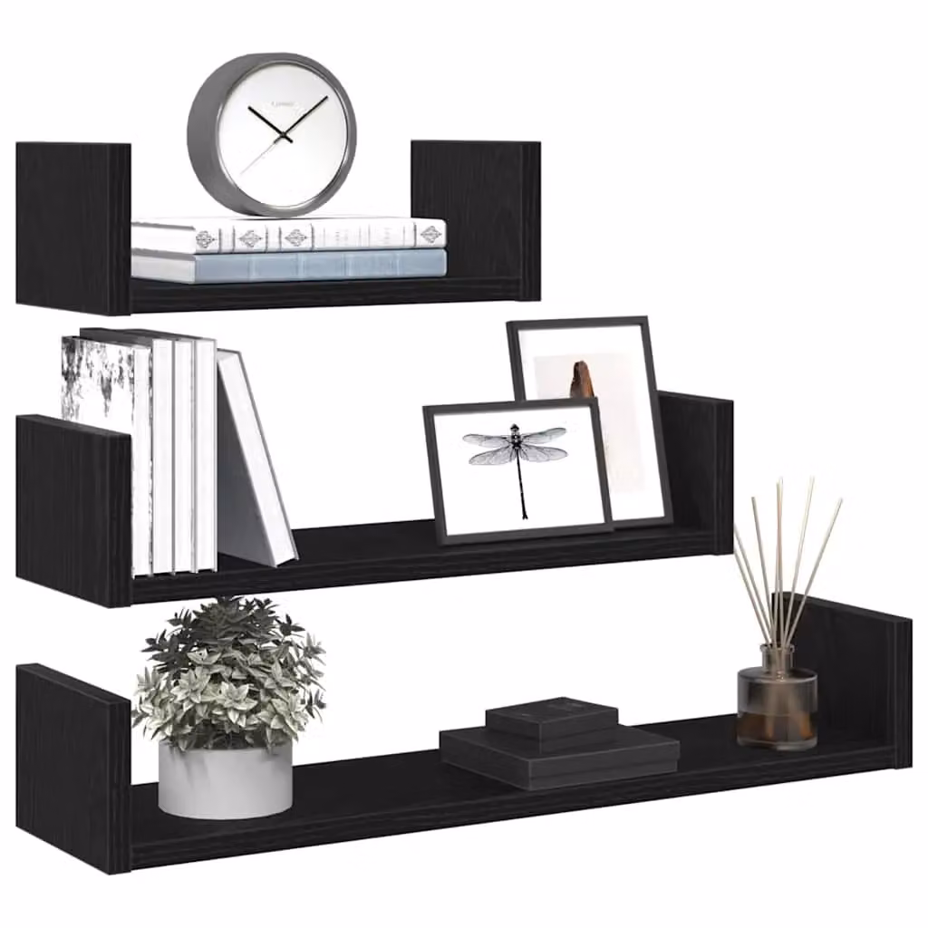 Berkfield Home Set of 3 Wall Mounted Shelves in Black Oak Engineered Wood – 3