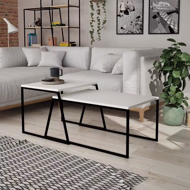 FWStyle Set of 2 White Nesting Coffee Tables with Scratch Resistant Lacquered Finish