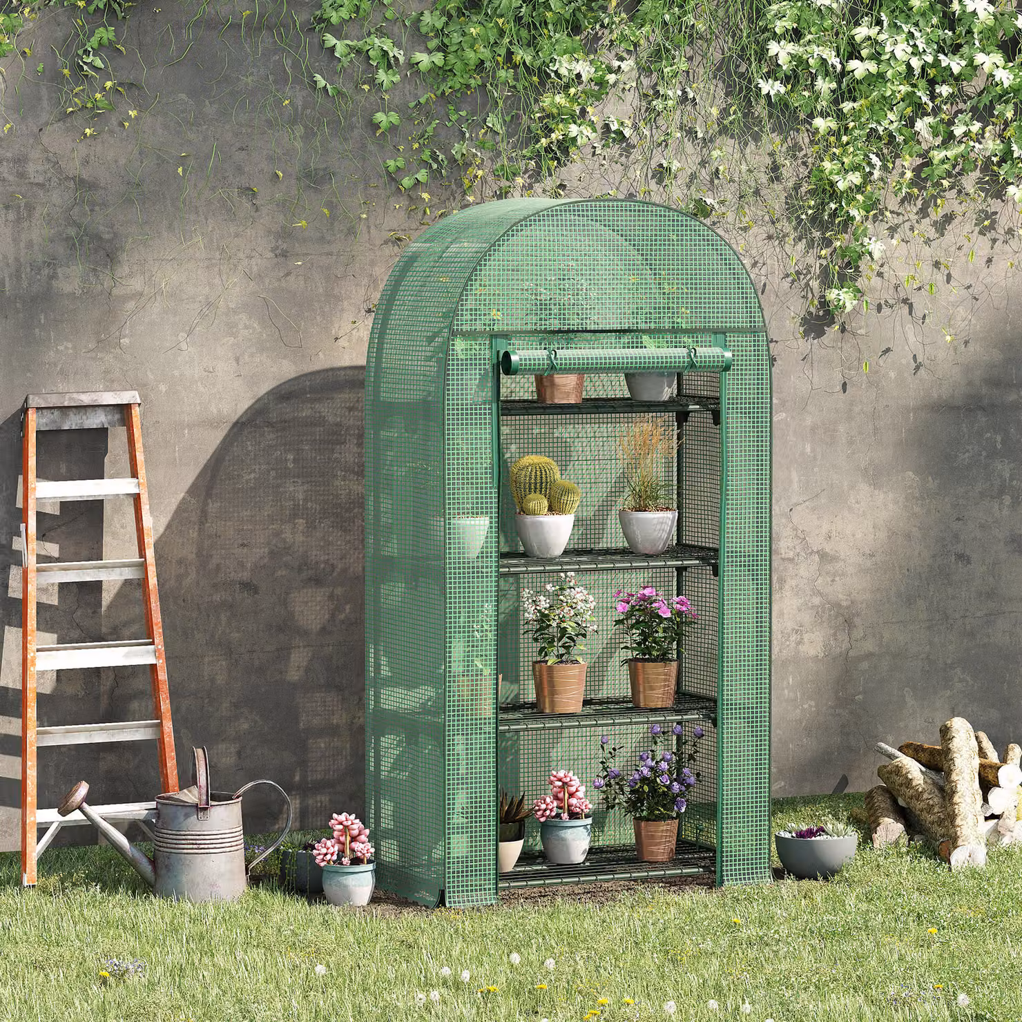 Outsunny Compact Mini Greenhouse with Storage Shelf and Roll-Up Zippered Door, Green, W: 80 cm, D: 49 cm, H: 160 cm – 2