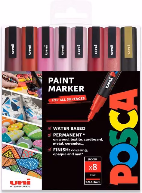 POSCA PC-3M Paint Marker Art Pen Set with Bullet Nib, Multicolour Pack of 8