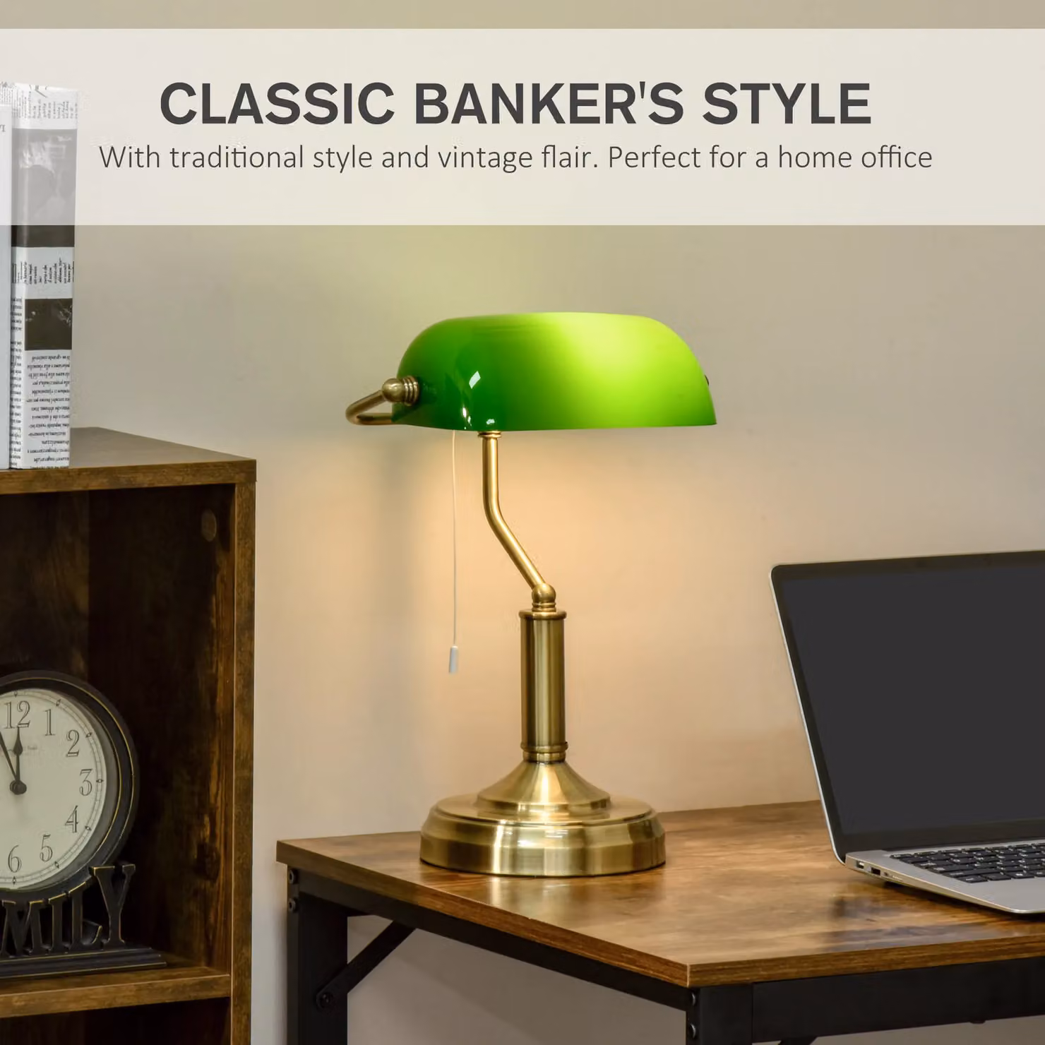 HOMCOM Vintage Banker's Table Lamp with Antique Bronze Base and Green Glass Dome Shade – 3