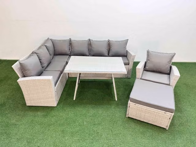 Fimous Garden 8 Seater Modern Outdoor Rattan Furniture Set with Armchairs, Footstools and Glass Table in Light Grey