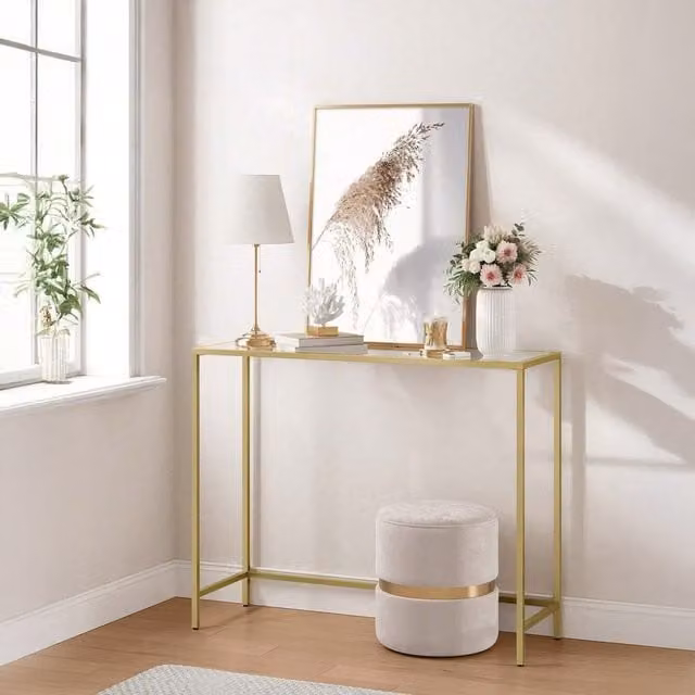 VASAGLE Modern Gold Console Table with Tempered Glass Top, W/D/H: 100 x 30 x 80 cm