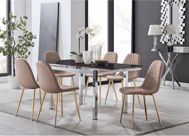 FurnitureboxUK Enna Black Glass Extending Dining Table and 6 Corona Gold Leg Chairs in Cappuccino