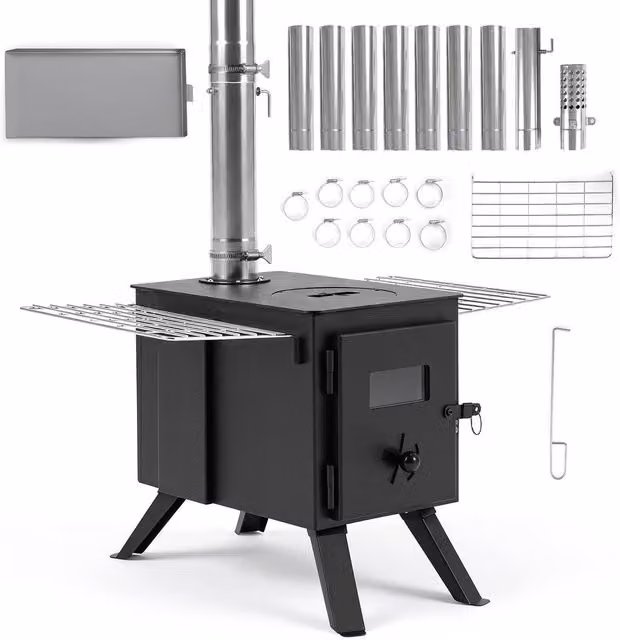 Costway Hot Tent Wood Burning Stove with Ash Tray and 8 Chimney Pipes, Black