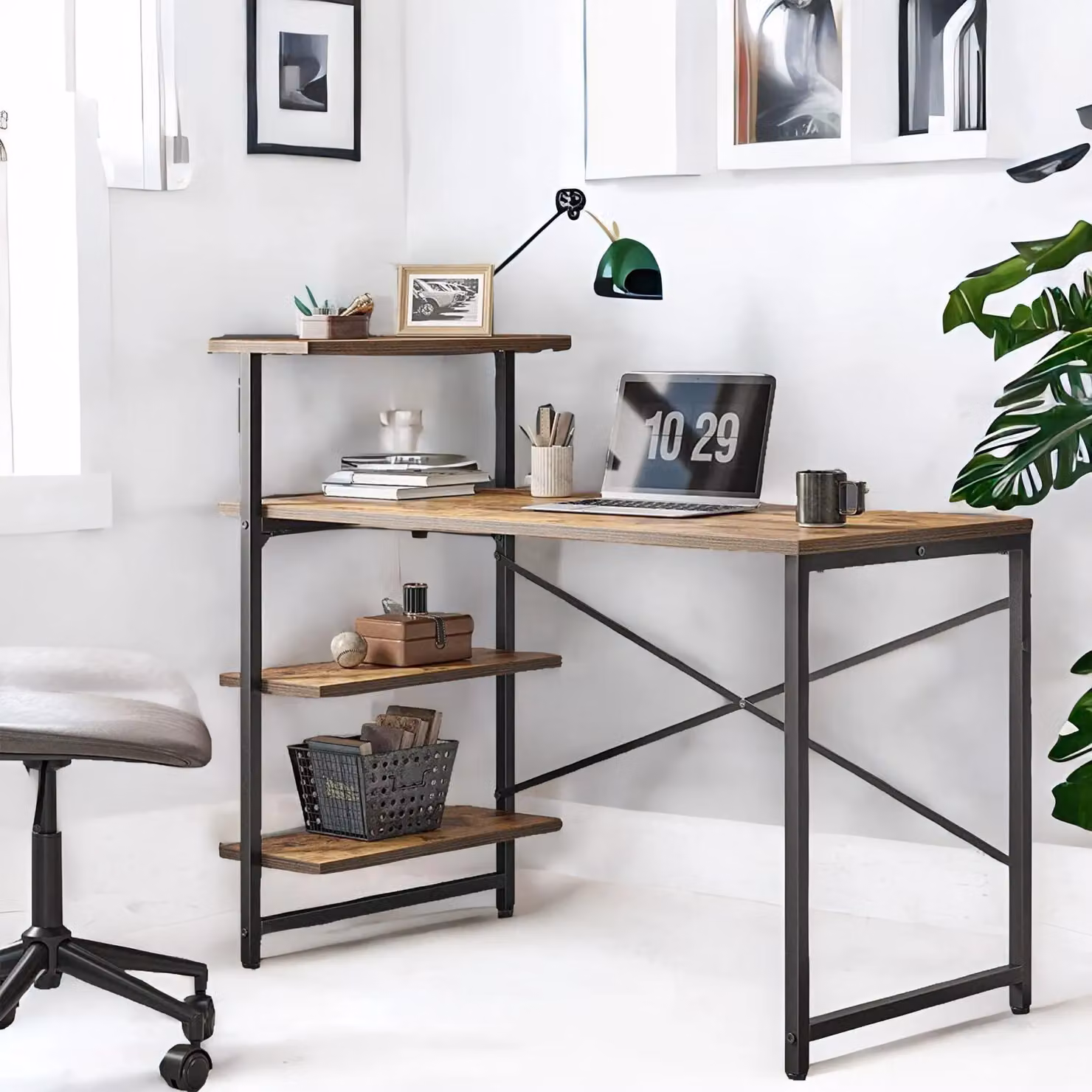 Rafaelo Mobilia Industrial 4 Tier Computer Desk with Steel Frame in Brown – 2