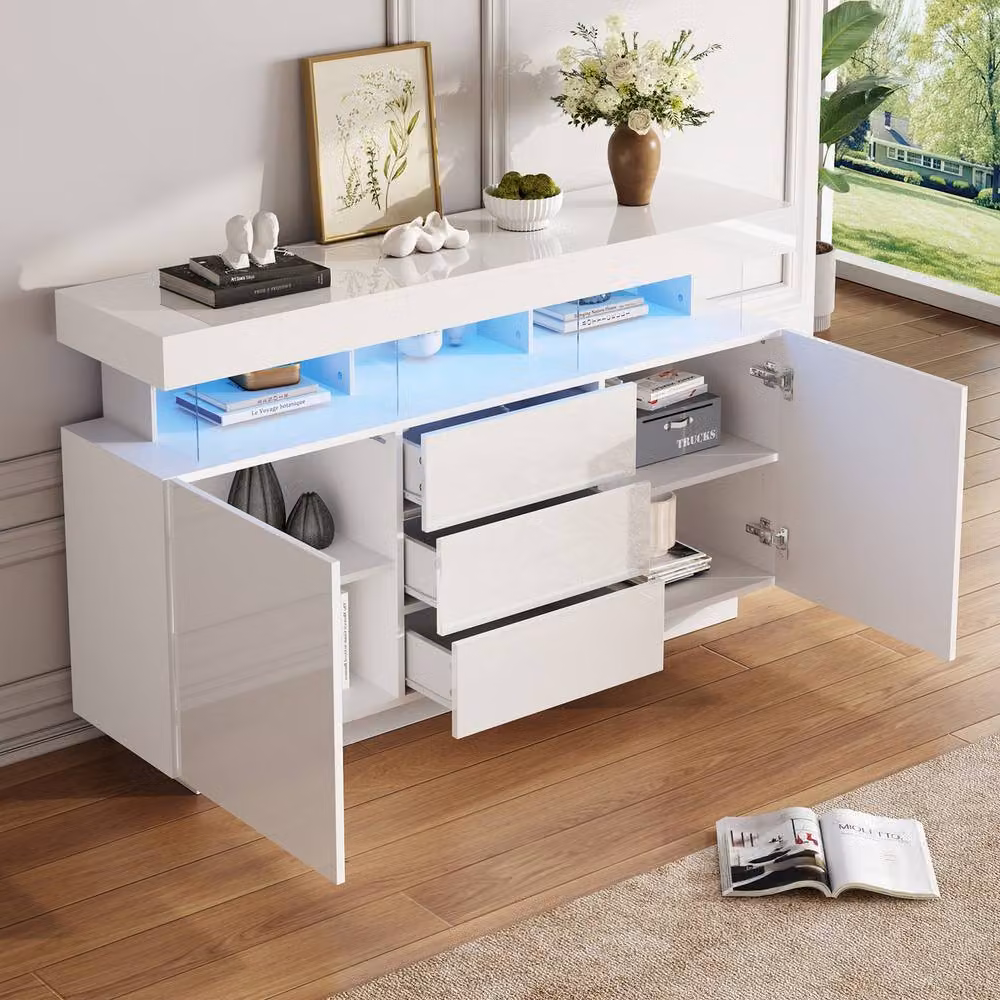 Rolipo White High Gloss Modern Sideboard Buffet Cabinet with Integrated LED Lighting and 3 Drawers – 5