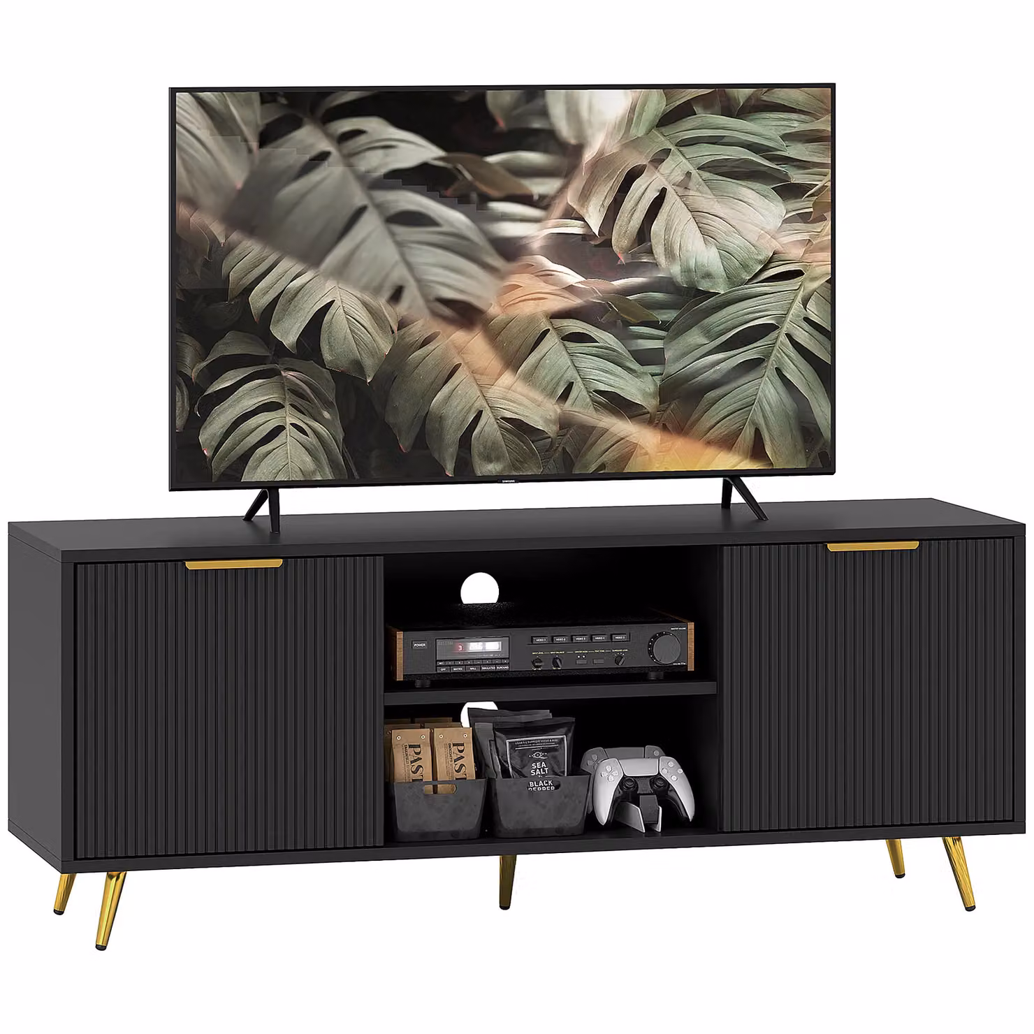 HOMCOM Modern Black TV Stand Cabinet with Media Storage for Living Room and Bedroom – 2