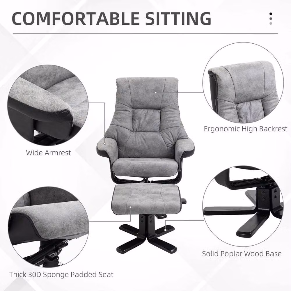 EONLION Grey Microfibre Recliner Armchair and Ottoman Set with Vintage Wood Base – 3