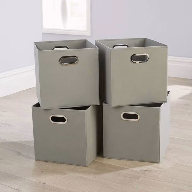 FLAVORA 4 Pack Large Grey Foldable Canvas Storage Cubes with Handles W: 50 cm, D: 50 cm, H: 50 cm