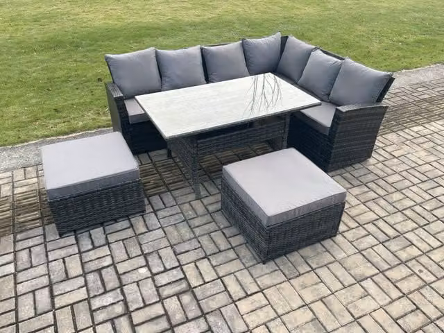 Fimous 8 Seater Rattan Garden Dining Set with Rectangular Table and Footstool, Dark Grey